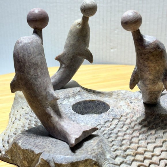 🕯️ Carved Soapstone (3) Dolphin's Candle Holder Sculpture Decor - Picture 10 of 12